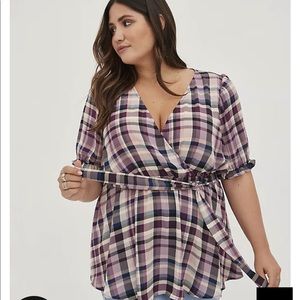 Torrid Surplice Blouse-Georgette Plaid Purple Size 0/L/12. New with Tags